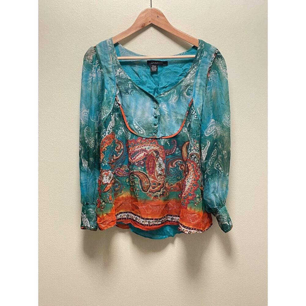 Vintage Womens Top Large Silk Chiffon Colorful Paisley Popover Fairy Boho Y2K